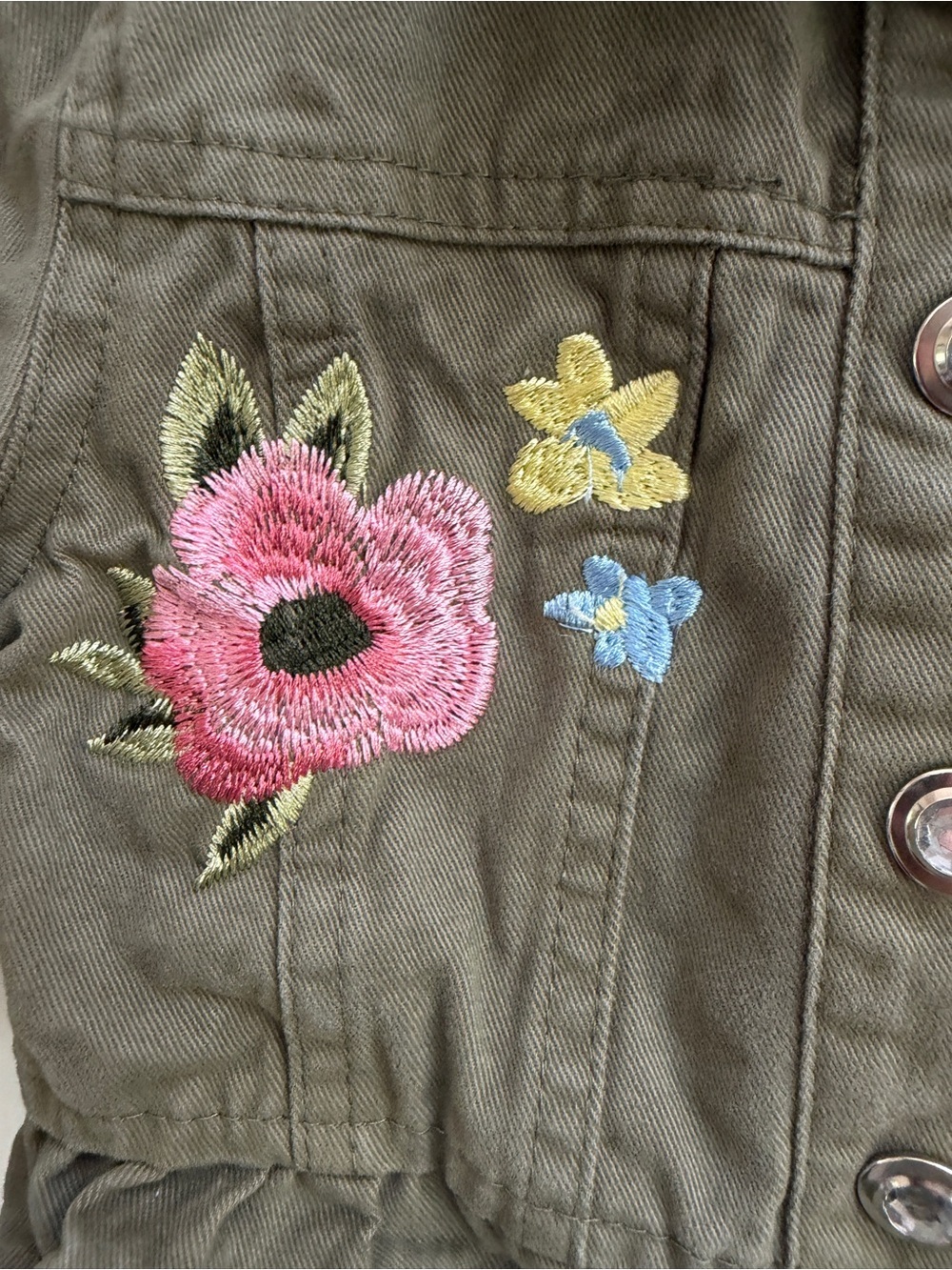 Little Lass Girls 5 Olive Green Embroidered Crop Jean Jacket with Flowers - Picture 2 of 6